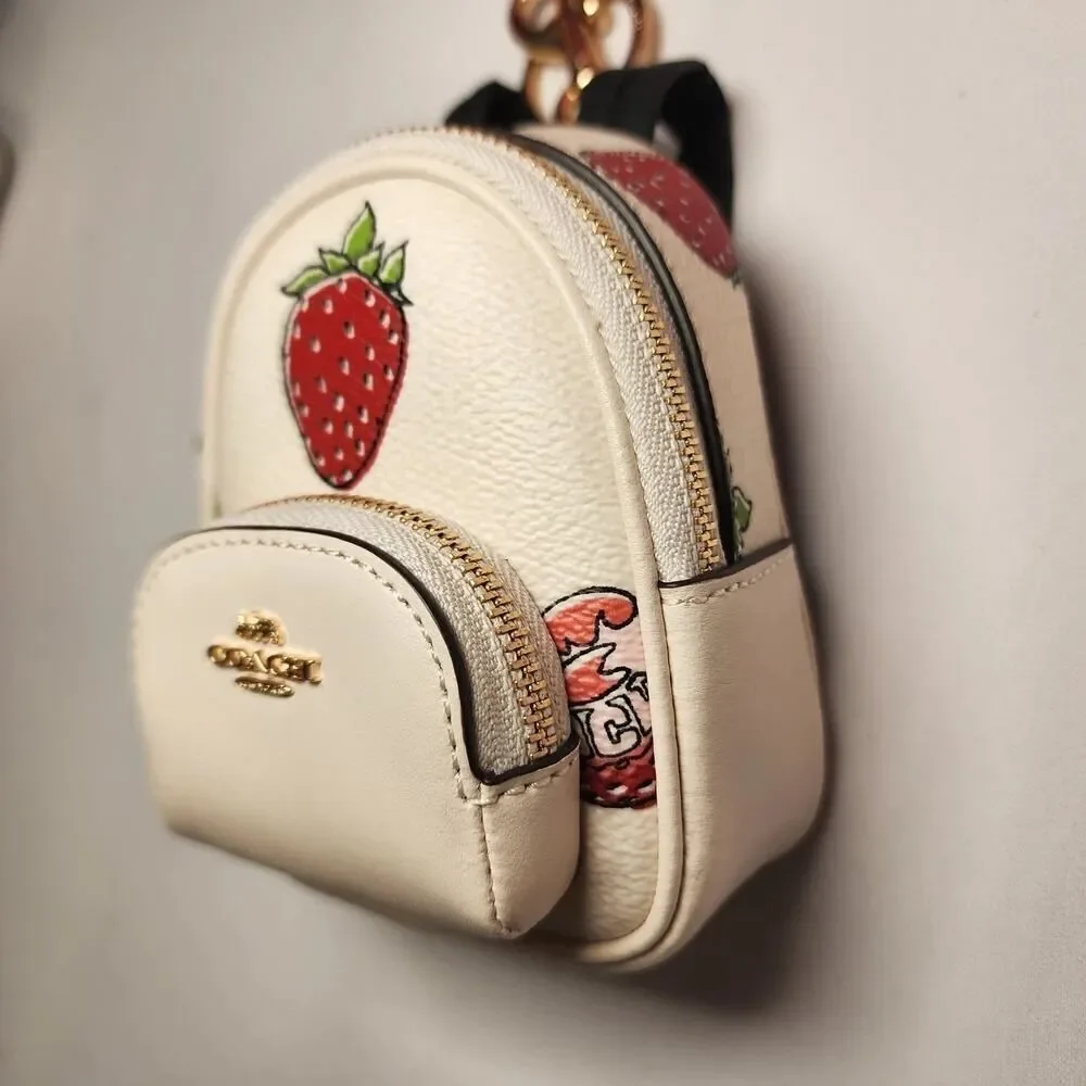 NWT Coach CAO93 Mini Court Backpack Bag Charm with Strawberry Print